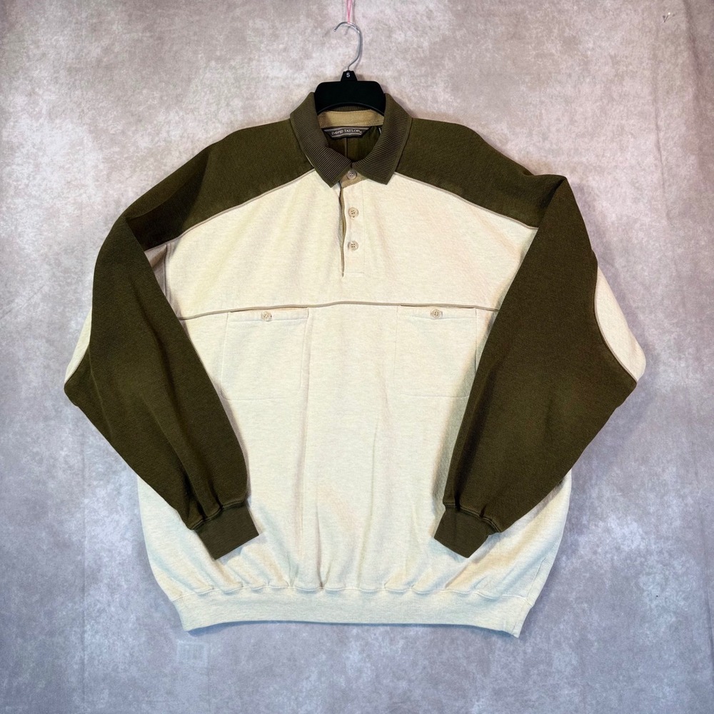 Vtg 90s David Taylor Colorblock Polo Sweatshirt Crewneck Olive Cream XLT Grandpa